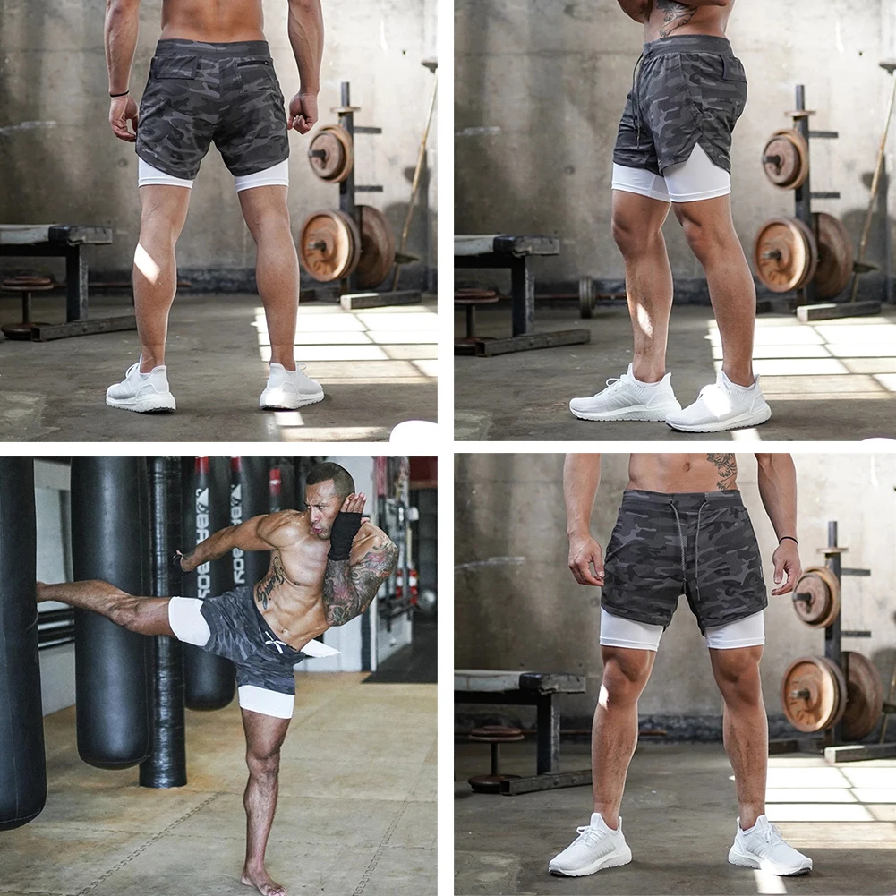 Pantaloncini 2 in 1 uomo Running sport pantaloni corti doppio strato tasca  integrata Camo allenamento ad asciugatura rapida palestra abbigliamento  Fitness crossfit - AliExpress Sports \u0026 Entertainment
