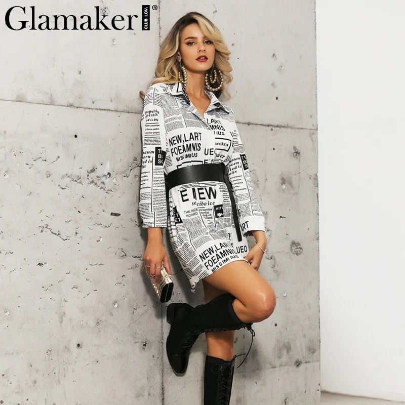 Glamaker, газетный принт, блузка с буквенным принтом, рубашка, женская, длинный рукав, сексуальная, винтажная, женская блузка, белая, осенняя, элегантная, офисная, топ для девушек