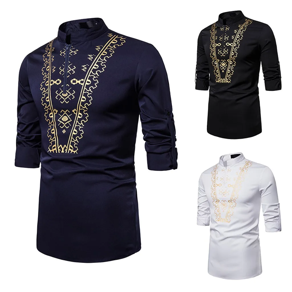 Camisa masculina мужская Мода Досуг Африканский стиль печать с длинными рукавами рубашки топы мужская одежда