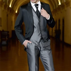 2022 New Arrival Peak Lapel Men's Black Satin Suits Hot Sale Custom Made One Button Trendy Casual Wear Blazer 3 Pieces Skinny