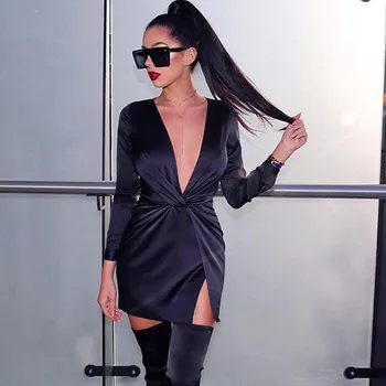 

2019 Women Sexy Silk Shirt Mini Dress Summer Deep V Long Sleeve Black High Waist Draped Dresses Female Satin Elegant Mini Dress