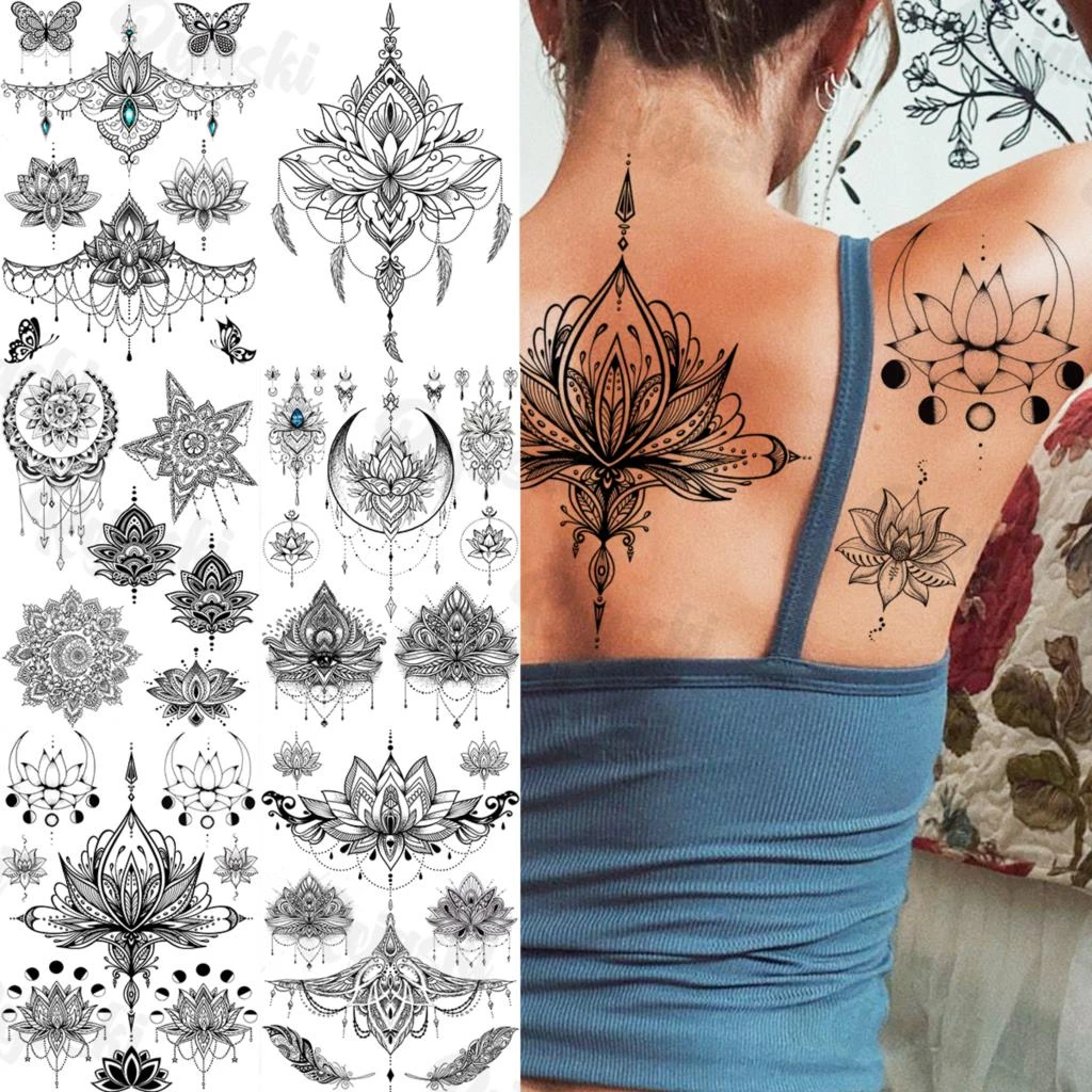 Black Lotus Henna Temporary Tattoos For Women Adults Realistic Butterfly  Feather Star Fake Gem Tattoo Sticker Sexy Arm Tatoo - Temporary Tattoos -  AliExpress