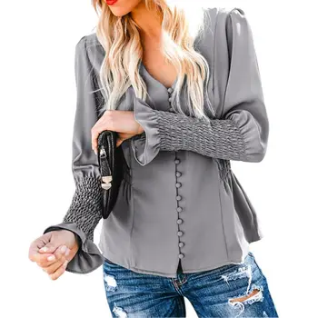 

Autumn Casual Ladies Blouse Women V-neck Blouse Long Sleeve Slim Fit Shirts