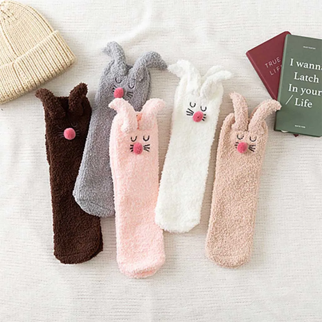 Женские носки-тапочки с заячьими ушками; зимние теплые плотные домашние махровые носки для девочек; модные повседневные Мягкие уличные носки;# X