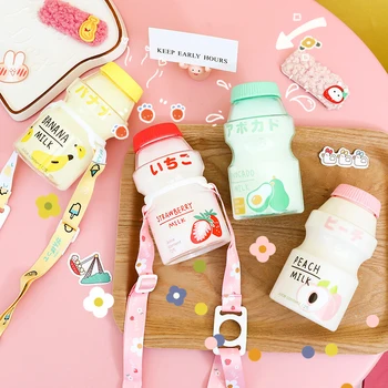 

480ml Cute Milk Water Bottle With Strap Creative Cartoon Plastic Cup BPA Free Portable Leakproof Drink Bottles For Student Girls