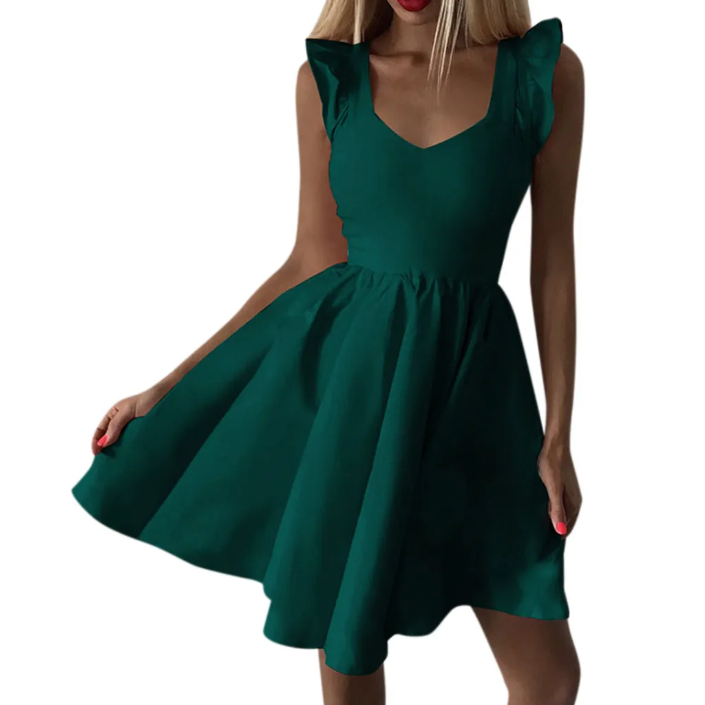 Femme Vestidos, женское платье без рукавов, летние вечерние коктейльные платья трапециевидной формы с v-образным вырезом, элегантное женское однотонное облегающее мини-платье - Цвет: Зеленый