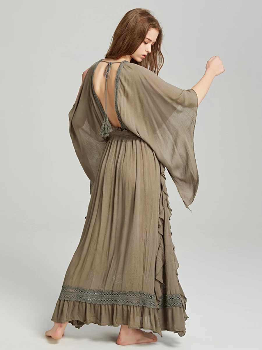 Boho Летнее свободное кружевное платье с высокой талией, v-образным вырезом, оборками, открытой спиной, кисточками, винтажное Повседневное платье, пляжные макси платья Vestidos