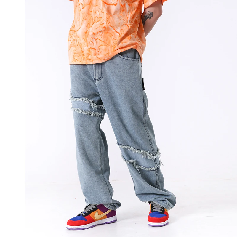 Raw Edge Patchwork Jeans Pants Men 