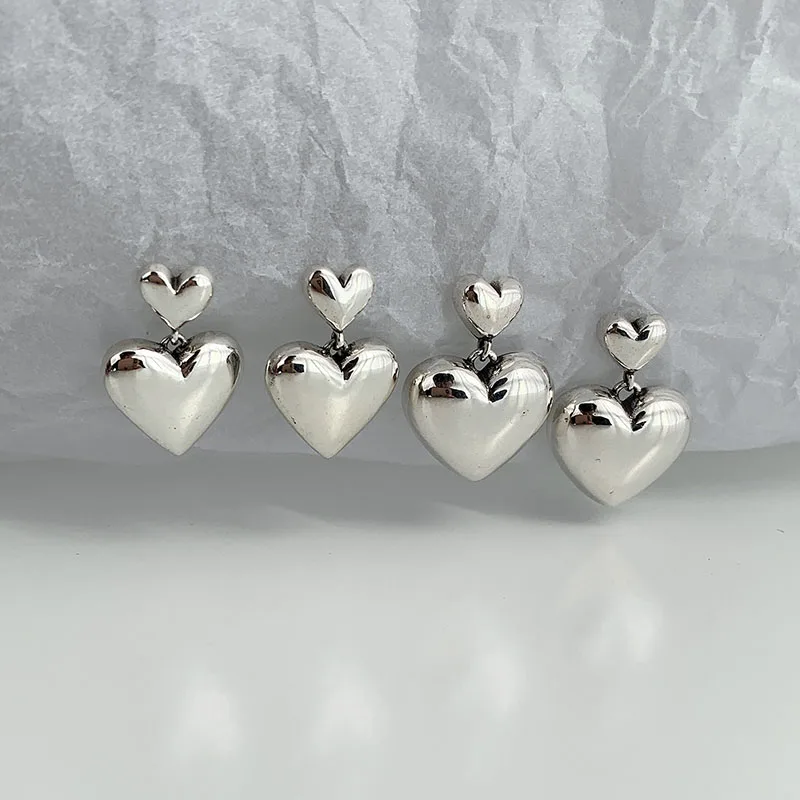 FOXANRY Prevent Allergy Silver Color Stud Earrings For Women Summer Trendy Vintage Sweet LOVE Heart Pendant Party Jewelry