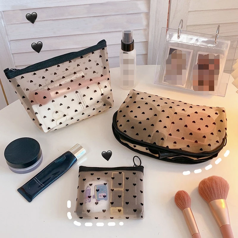 Mesh Cosmetic Makeup Bags Case Holder Cute Transparent Zipper Black Heart Printed Pencil Pen Pouch Convenient To Carry | Дом и сад