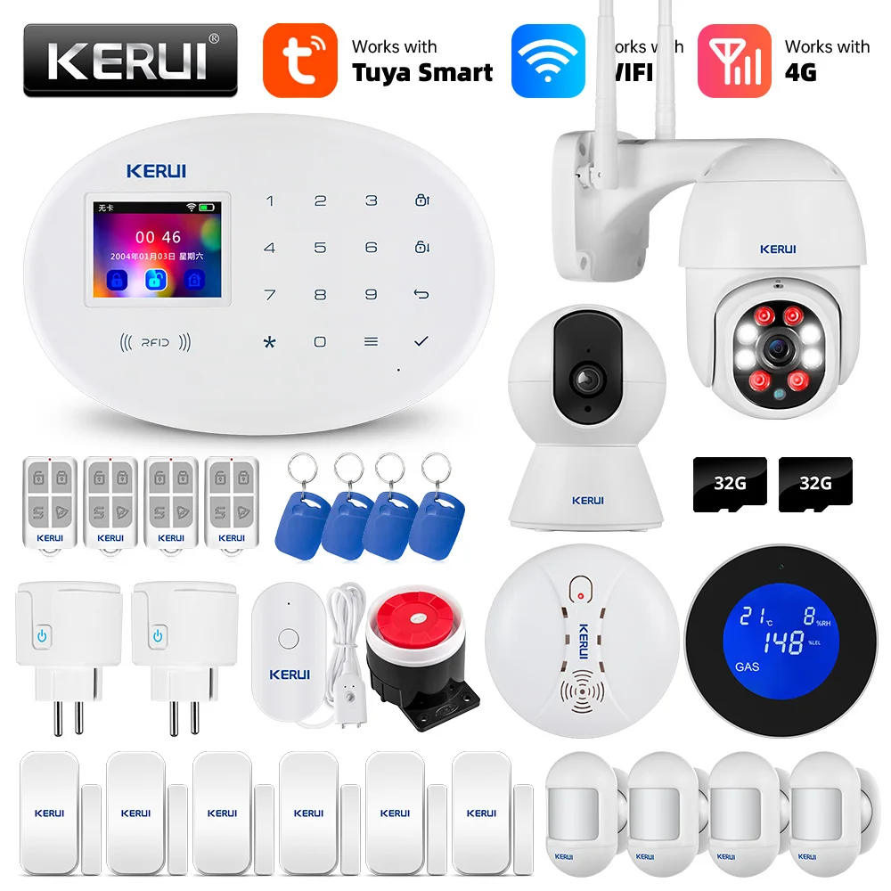 sound alarm device KERUI Tuya WIFI GSM 4G Smart Home Security Alarm System RFID APP Wireless Siren Sensor Detector IP Camera Sistema de alarmas security led lights Alarms & Sensors