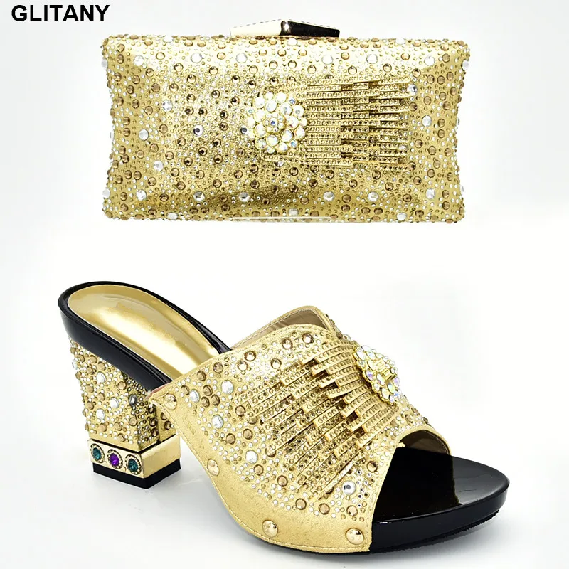 Italian Ladies Shoes and Bags To Match Set Decorated with Rhinestone Shoe Matching Bag for Nigeria Party Slip on High Heel | Обувь