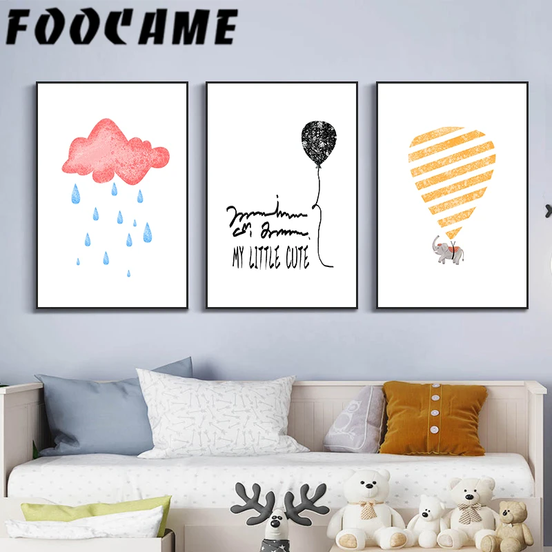 FOOCAME Cartoon Elephant Painting Balloon Cloud Baby Nursery Room Decoration Poster Modern Nordic Pictures Wall Art Print Canvas | Дом и сад