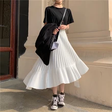 Harajuku гофрированные длинные юбки женские Корейская Высокая талия черные белые асимметричные юбки женские плюс размер миди юбка куртка femme