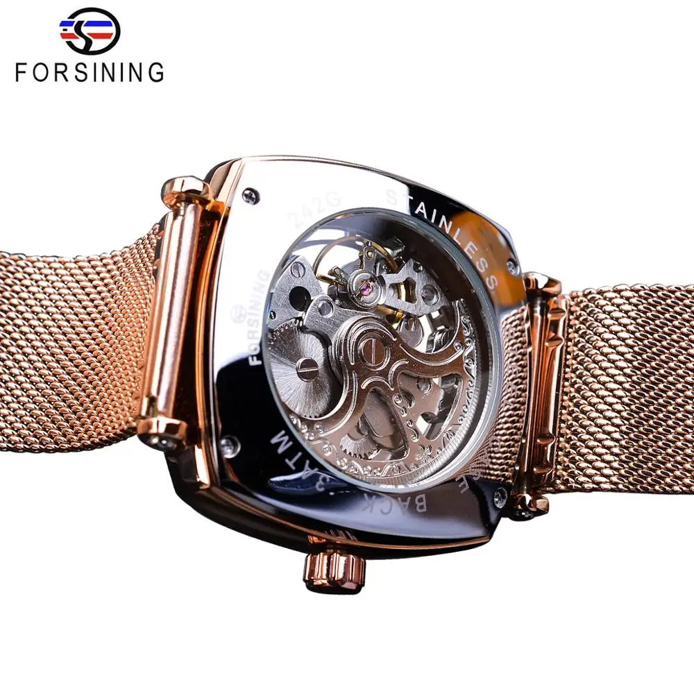 Forsining Top Brand Luxury Man Clock Fashion Mens Watch Casual Waterproof Rose Gold Mesh Skeleton Mechanical Wristwatches