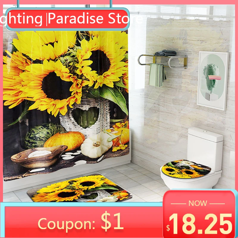 

bathroom accessories Set Decor 4Pcs sunflower series Non-Slip Carpet+Toilet Cover Mat Set+Bathroom Shower Curtain with hooksF713