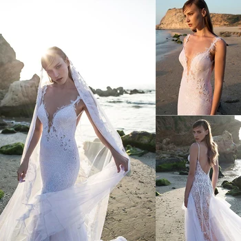 

Lace Applique Mermaid Wedding Dresses Sexy Deep V Neck Cut-out Backless Vestido De Noiva Custom Made Bridal Dress