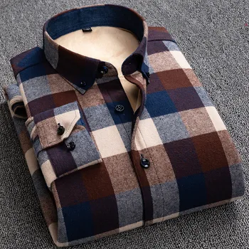 

Plus Size 46 45 Winter Shirts Men 100%Cotton Add Wool Keep Warm Flannel Shirt Men's Fashion Plaid Long Sleeved Shirt Male Blouse