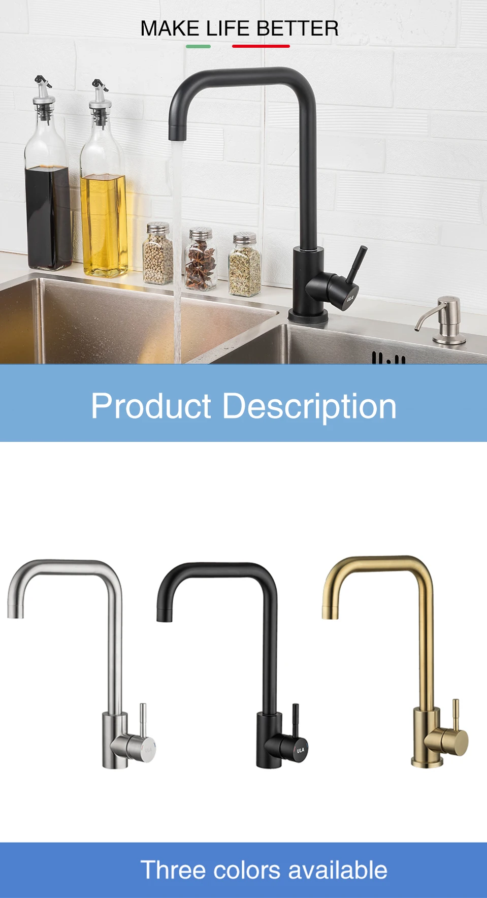 ULA-aço inoxidável torneira da cozinha, 360 girar