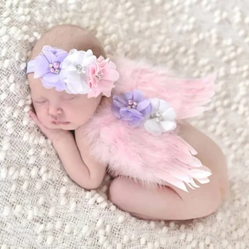 

Handmade bow headband with angel feather wings baby photo set Newborn photography clothing Within 3 months