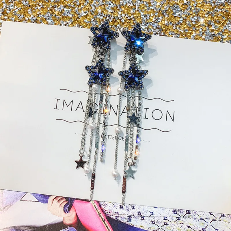 FYUAN Korean Style Star Drop Earrings for Women New Bijoux Long Tassel Shiny Blue Crystal Dangle Earrings Jewelry Accessories