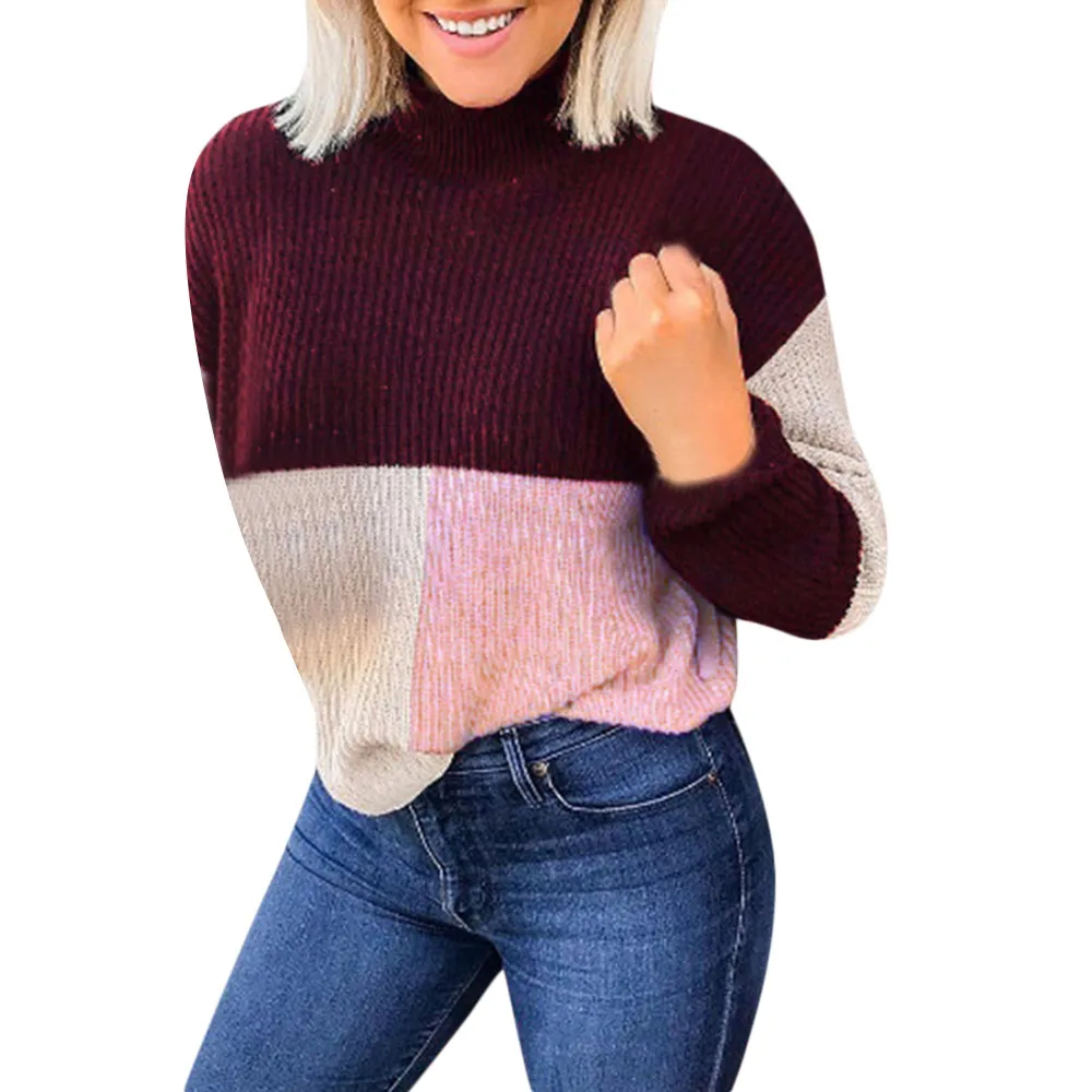 Women Warm Sweater Winter And Autumn Colorblock Stand Long Sleeve Knit Women Sweater Jumper Tops Patchwork Women's Sweater Women Warm Sweater Winter And Autumn Colorblock Stand Long Sleeve Knit Women Sweater Jumper Tops Patchwork Women's Sweater