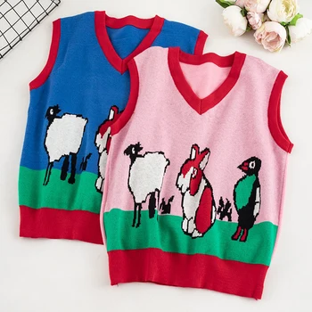 

Autumn Cashmere Knitting Vest Winter Women Warm Pullovers Vests Sleeveless O Neck Cartoon Print Vest Femme Casual Sweater Vest