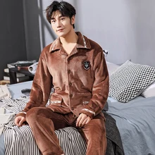 Mens Thick Warm Winter Pajamas Men Fleece Long-sleeved Trousers Pajama Sets Warm Sleepwear Suits Plus Size 3XL Man Home Clothes