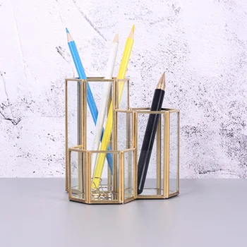 

Hexagonal Copper Border Combination Glass Pencil Holder Desktop Decoration Storage Bin Home Office Stationery Makeup Organizer(G