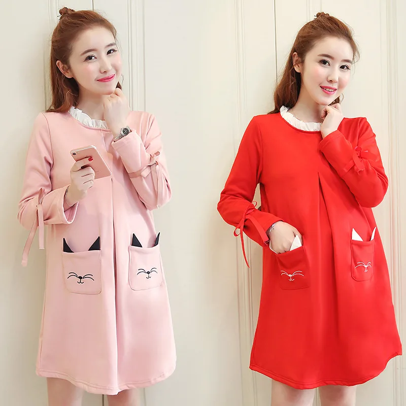 

Spring And Autumn New Style Fashion Cat Embroidery Pocket Loose-Fit Mid-length Pregnant Women Dress Maternity Clothes