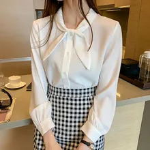 Aliexpress - 2021 Spring White Blouse Women Elegant Korean Style Office Chiffon Bow Neck Long Sleeve Blusas Mujer Plus Size Blusas Elegantes