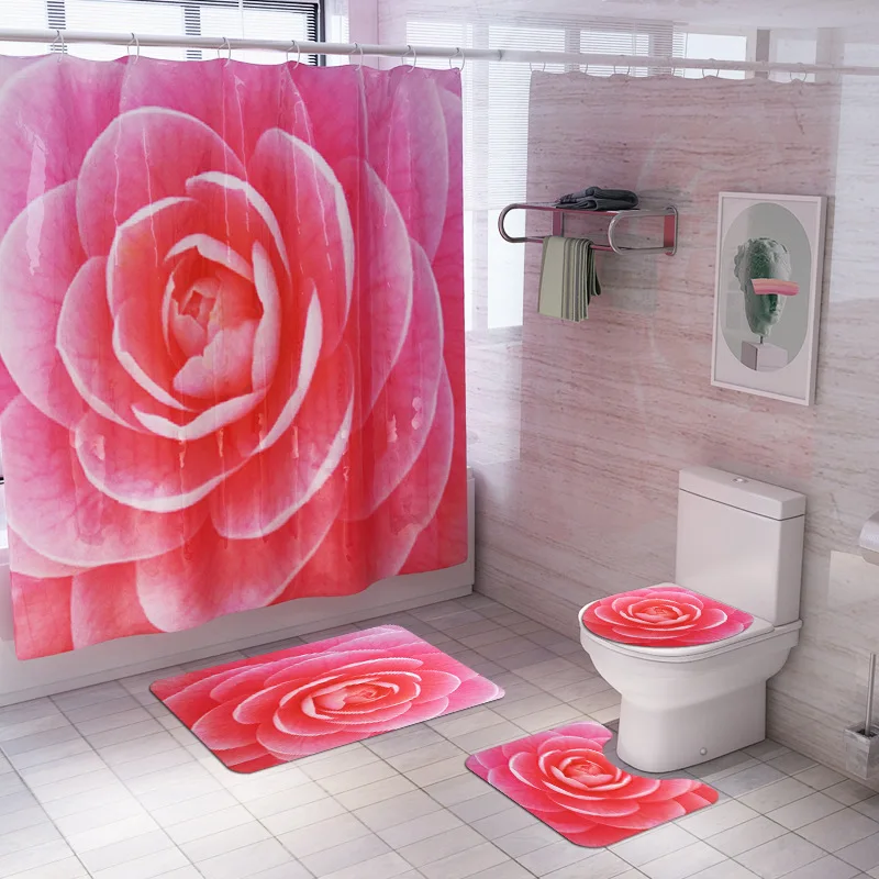 Flower Printing Pattern Bathroom Waterproof Shower Curtain Set Pedestal Rug Lid Carpet Toilet Cover Bath Mat Set