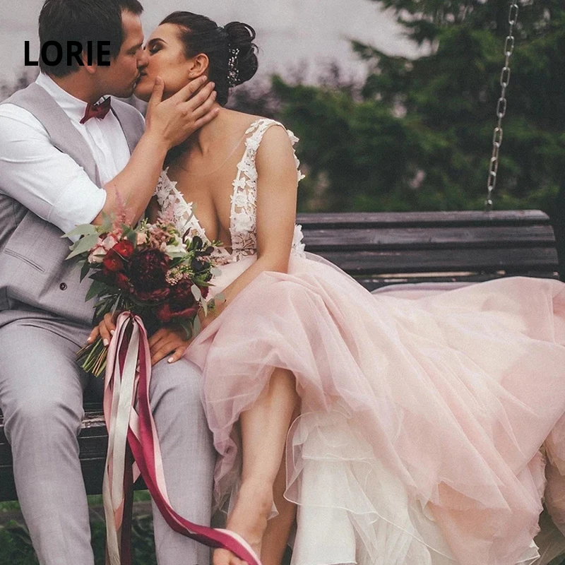 LORIE розовое свадебное платье Элегантное кружевное аппликация с свадебное платье, тюль с v-образным вырезом без спинки Пляж Boho Vestido De Noiva размера плюс