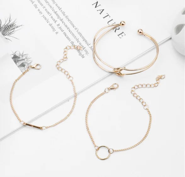 3 Pcs/set Punk Fashion Bracelet Simple Double Knot Alloy Chain Bangle Women Charm Bohemian Retro Jewelry Accessories