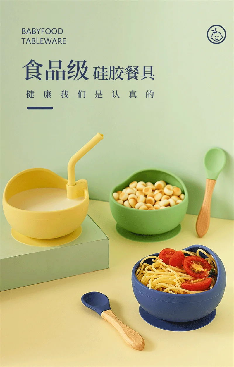 Silicone Baby Feeding Bowl Spoon Kids Tableware Baby Accessories Silicone Plate Spill-Proof Suction Children Self Feeding Dishes