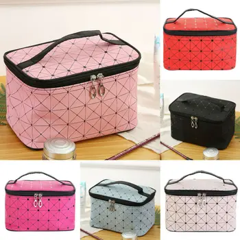 

Women Geometric Cosmetic Bag Fashion Female Leather Handbag Toiletry Bag For Women's Travel Portable Ladies Makeup Wash Pouch
