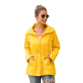 

Women Windbreaker Rainproof Jacket Fancy Color Lace Up Slim Hooded Coat Spring New Rainy Outwear Pockets Tops for Outdoor