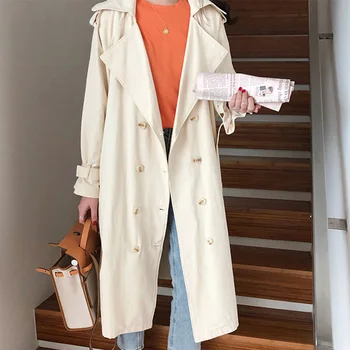 

Women's Double Breasted Long Trench Coat With Belt Epaulet Autumn Turn Down Collar Coats Female 2020 Winter Beige Outwear Lady