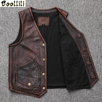

Boollili Genuine Leather Vest Men Vintage Real Cowhide Leather Jacket Men Short Waistcoat Leather Vests Biker Gilet Homme