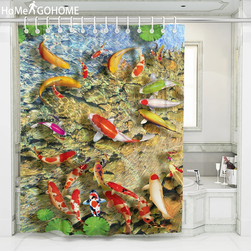 

Clear Fish Pond Lotus Flowers Polyester Shower Curtains Washable Colorful Waterproof Curtains for Bathroom Shower Bath Curtains