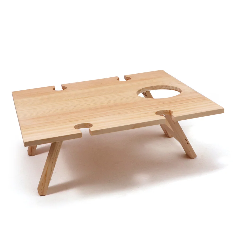 Foldable Table Portable Wine Picnic with 4 Wine Glasses Holder Outdoor Small Rectangular Wooden
