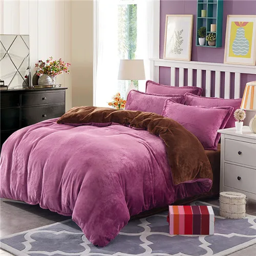 purple and coffee Зимнее постельное белье из флиса Комплект Реверсивный пододеяльник двухсторонний фланель плоский лист 3/4 шт. домашний текстиль постельное белье Домашний постельное белье caroset - Цвет: purple and coffee