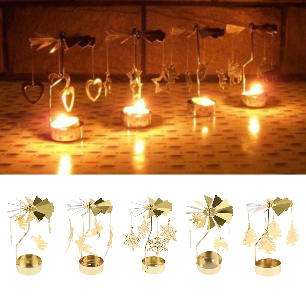 5Pcs Christmas Decor Rotating Candle Tea Light Holder Candlestick Gold