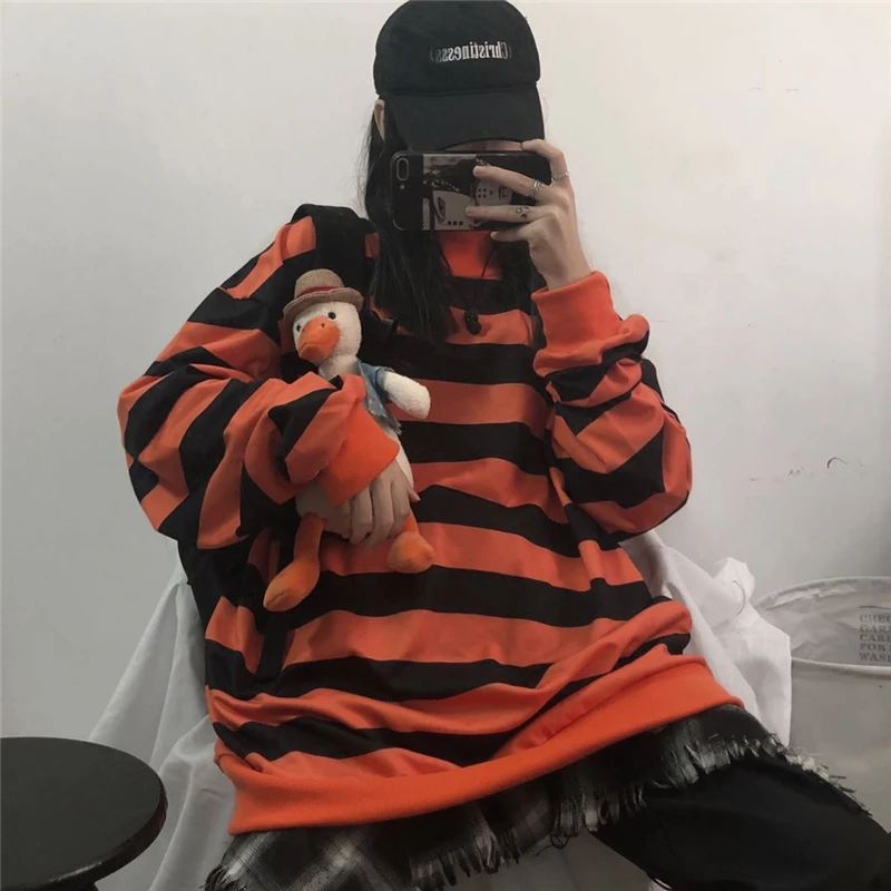 Harajuku style casual oversize bf striped pullovers fashion brand new vintage ulzzang hoodies women o-neck ladies Sweatshirts