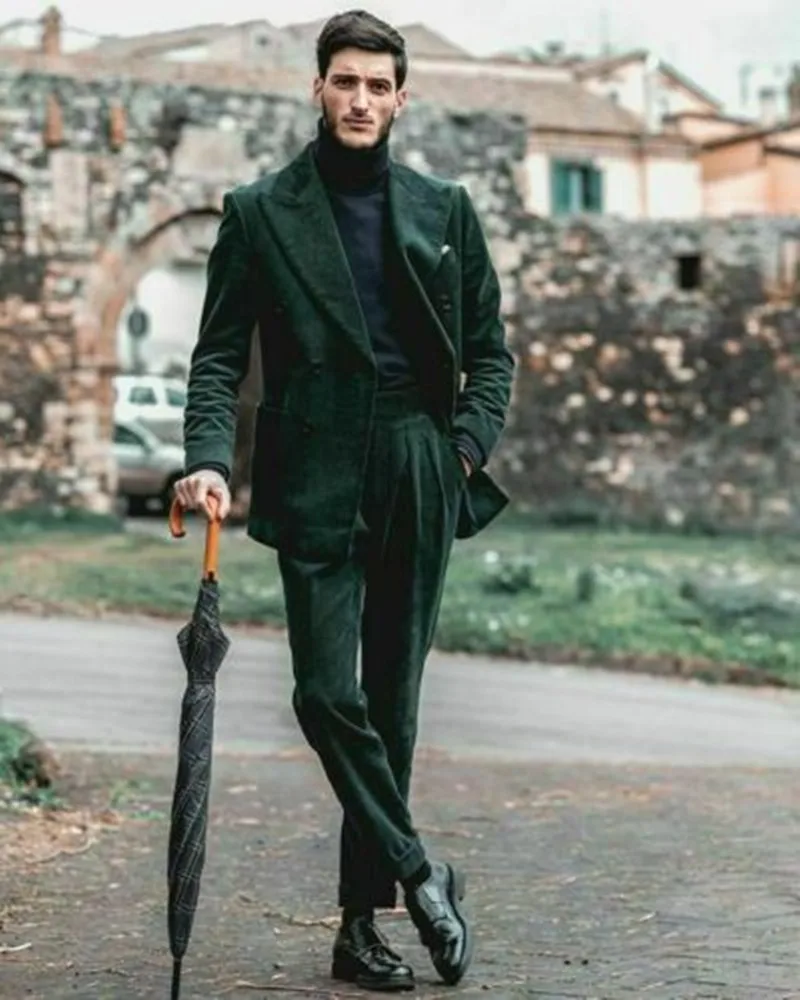 Men Green Corduroy Tailor-Made 2 Pieces Wedding Tuxedos Slim Fit Double Breasted Jacket Business Suit Formal Prom Tailored