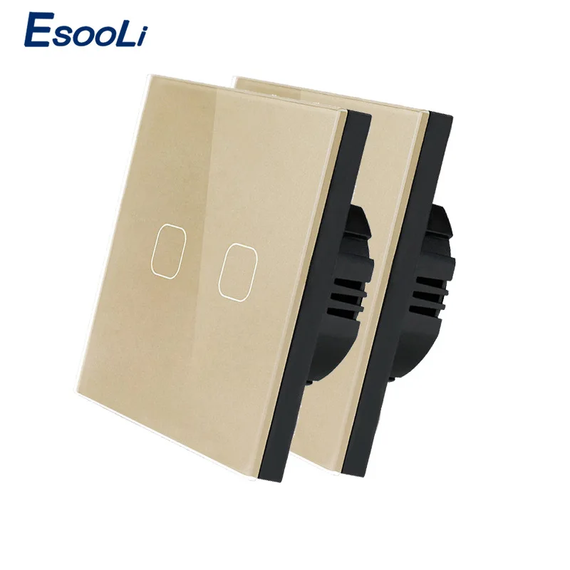 2 pcs gold 2 gang Esooli AC220V, 1/2/3 1Way светильник стены Сенсорный экран переключатель сенсорный выключатель света ЕС Стандартный сенсорный выключатель с украшением в виде кристаллов Стекло Панель сенсорный выключатель, 2 предмета в комплекте - Цвет: 2 pcs gold 2 gang