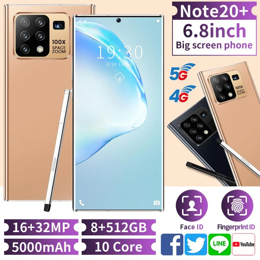 Smartphones Galax Note20U+ Snapdragon865 Global Version 6.8 Inch 8G 256G 12GB 512GB 24MP Camera Android 10 Mobile Phone GPS Wifi
