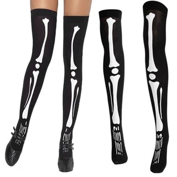 

Scary Skeleton Bone Print Halloween Skeleton Long Knee High Socks Costume Masquerade Carnival Cosplay Stockings Over The Knee