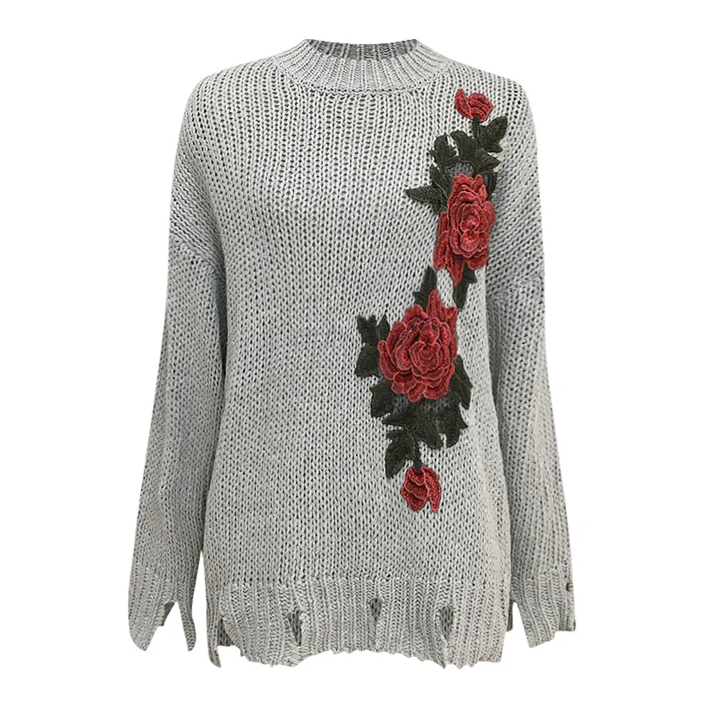 Womail sweater winter tops for women Floral Print Long Sleeve O-Neck Embroidered  sweater women women winter tops 816#2