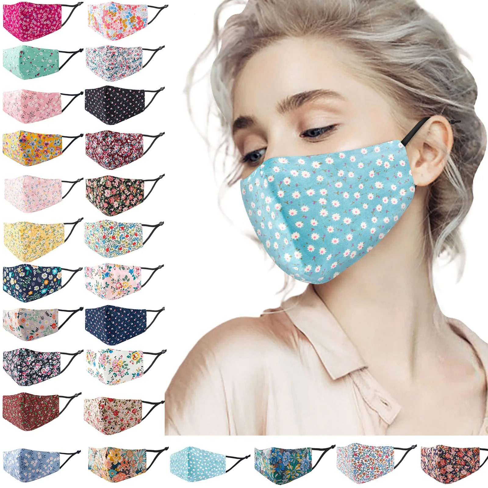 

Face Mask Adult 24 Styles Floral Printed Adjustable Three-layer Washable Breathable 3d Printed Cotton Face Shields Cover Mascara